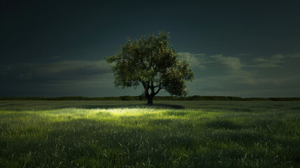 Naklejka premium as similar image, a beautiful black sky, grassland, tree in the distance, green, green background, High definition photography, High resolution, High detail, octane render.
