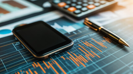  the typical business attributes: a cell phone, a pen, and a calculator on a financial chart