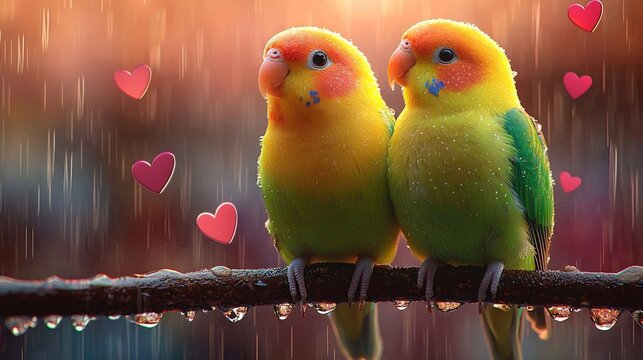   Two parakeets on a branch in the rain, their hearts in the droplets behind them