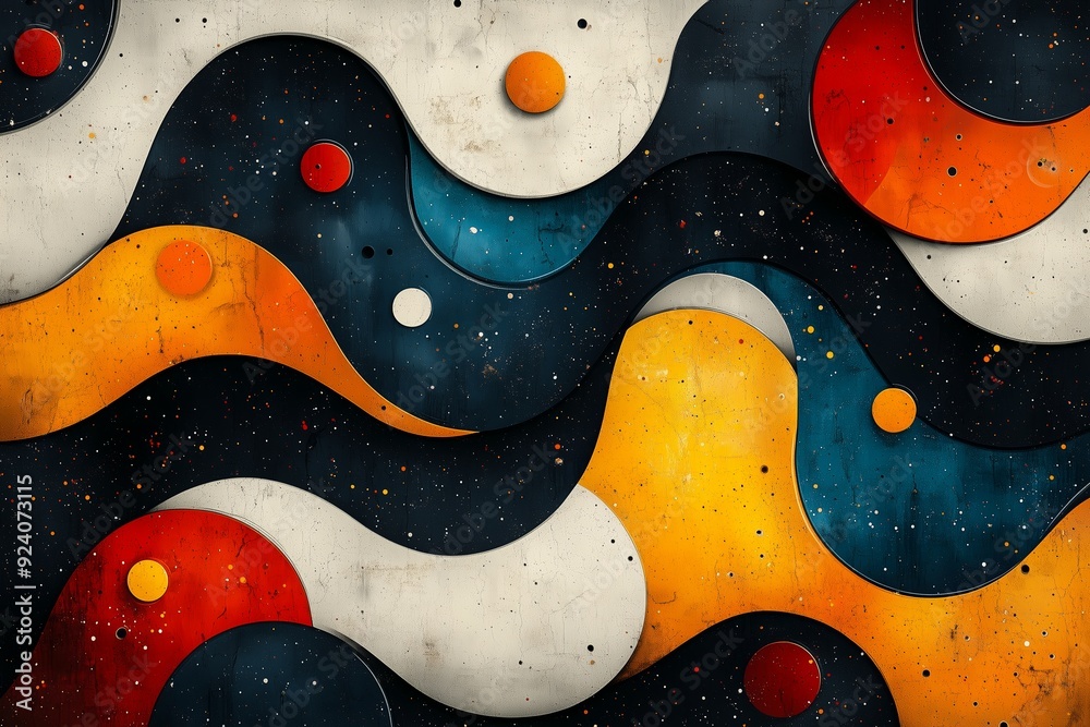Poster abstract design featuring colorful wavy patterns and circular shapes in dark tones
