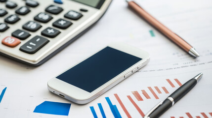  the typical business attributes: a cell phone, a pen, and a calculator on a financial chart