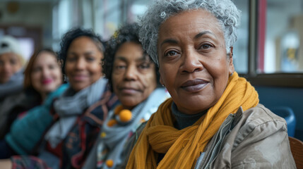 Fototapeta premium Group of older women on a bus journey enjoying friendship and adventure together