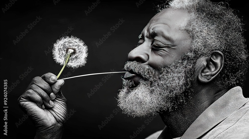 Canvas Prints   A monochrome photograph of a man exhaling a dandelion through his mouth while holding a toothbrush