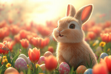 A whimsical Easter scene with a bunny in a field