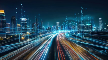 Highway with vehicle light trails leading to modern illuminated night modern cityscape. Forward to smart city concept . Mixed media AI generated