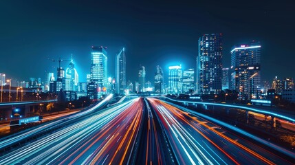 Fototapeta premium Highway with vehicle light trails leading to modern illuminated night modern cityscape. Forward to smart city concept . Mixed media AI generated
