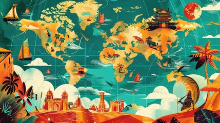 illustrations of adventures across different worlds, with a world map in the background, highlighting exotic places or adventurous moments AI generated