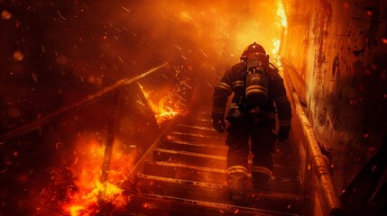 Intense firefighter ascent  dramatic scene of fireman climbing stairway in blaze covered building