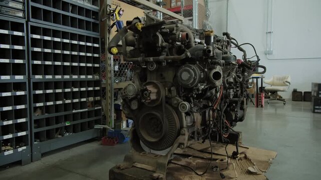 An engine from a semi truck in a repair shop