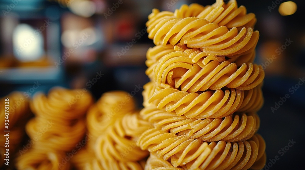 Canvas Prints   A stack of yellow noodles atop a dark table, near macaroni and cheese