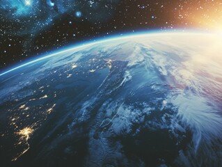 Obraz premium A breathtaking sunrise over Earth as seen from space, with the planet's surface and distant stars illuminated by sunlight