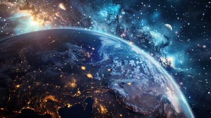 Obraz premium A stunning view of Earth at night from space, highlighting illuminated cities and vast star-filled cosmos above