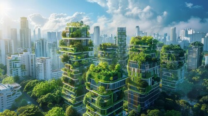 Sustainable Futuristic Urban Planning: A cityscape featuring eco-friendly urban planning elements, such as green roofs, vertical gardens, and smart infrastructure.