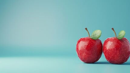 Low Poly Apple with Polygonal Wireframe on Blue Background, vibrant geometric design, minimalist aesthetic, smooth textures, and abundant negative space for emphasis