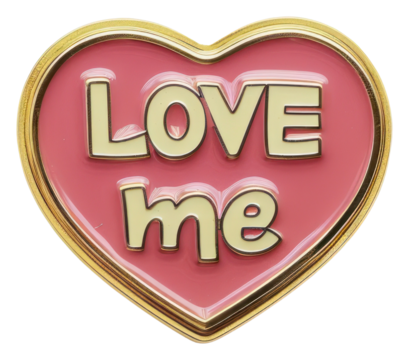 Heart-shaped badge with 'Love Me'