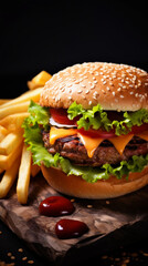 A burger with lettuce and tomato on top of a bun sits on a wooden table next to a pile of french fries. The burger is topped with cheese and is accompanied by ketchup. The image conveys a casual