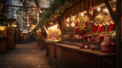 Twinkling Christmas market stalls with festive decorations