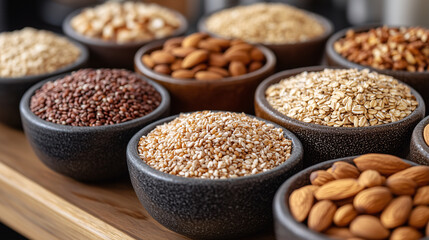 Fototapeta premium A variety of grains and nuts, including quinoa, ancient grain millet, brown rice, flax seeds, hazelnuts, and almonds, are arranged in small bowls on the table