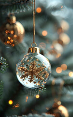 A Christmas tree with a glass ornament that has a snowflake on it