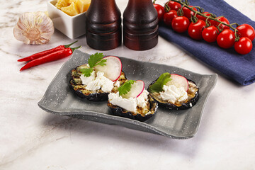Grilled eggplant with cheese and radish