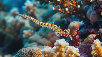 Naklejka premium sea horse is swimming at coral reef AI generated