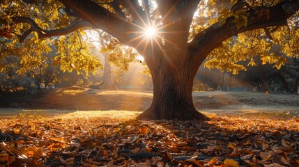 Golden autumn light through oak tree branches   serene afternoon scene in realistic photo