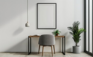 A modern, minimalistic Scandinavian-style interior features a large empty white wall with a poster frame mockup, perfect for showcasing artwork or design concepts