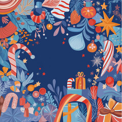 クリスマス模様の背景。ケーキ、雪だるま、サンタ、お菓子、プレゼント、ツリー