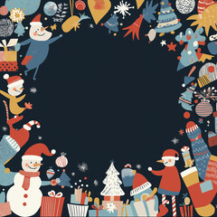 クリスマス模様の背景。ケーキ、雪だるま、サンタ、お菓子、プレゼント、ツリー