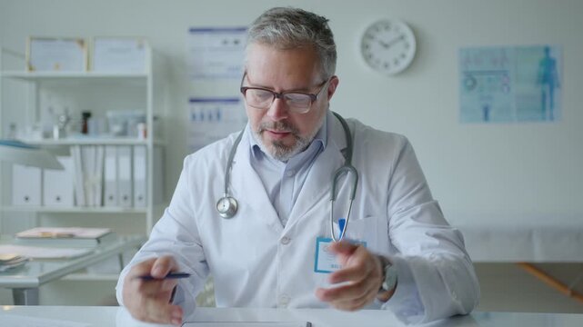 Middle aged male doctor sitting at desk in clinic, reviewing medical records and talking on camera during online consultation with patient