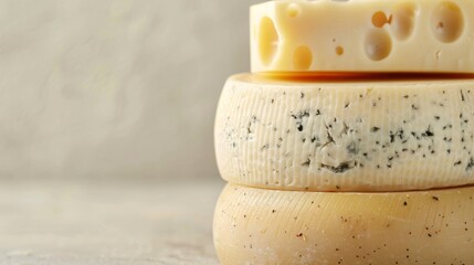 Variety of Cheeses on Display, an assortment of cheeses including Parmesan, Brie, Roquefort, and Cheddar arranged elegantly against a minimalist backdrop, inviting tasting and appreciation