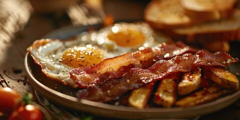 Organic Bacon with Sunny Side Up Eggs Crispy Hashbrowns and Toast