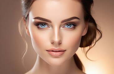 Fototapeta premium A close-up of a glamorous woman with flawless skin, captivating blue eyes, and perfectly applied makeup.