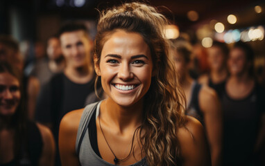 A woman with long hair is smiling and wearing a tank top. She is surrounded by a group of people