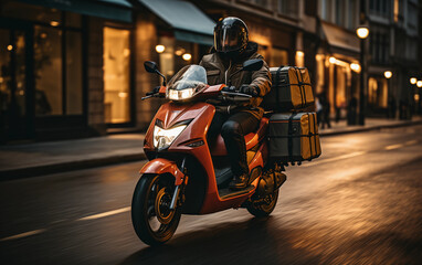 A man is riding a motorcycle down a street. The motorcycle is orange and has a black helmet on the rider. The man is wearing a jacket and he is carrying a backpack. The scene is set at night