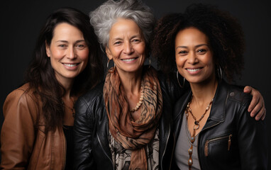 Fototapeta premium Three women are smiling for the camera, wearing leather jackets and scarves. Scene is cheerful and friendly