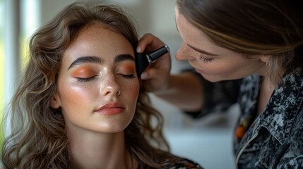 Fototapeta premium A makeup artist applies foundation on a 20-year-old woman with freckles in a bright indoor setting.