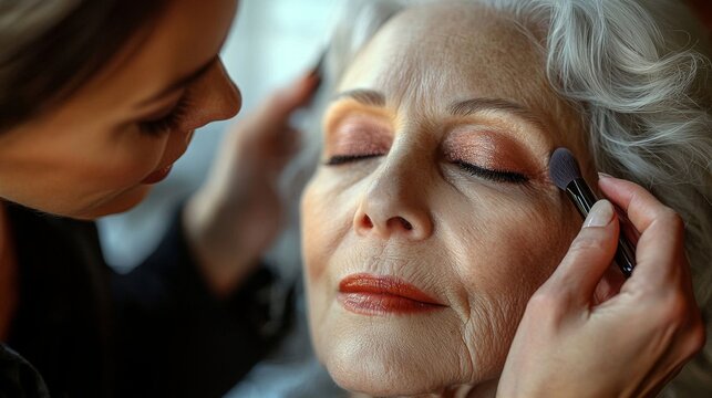 A 70-year-old woman with gray hair receives a professional makeup application in a beauty salon.