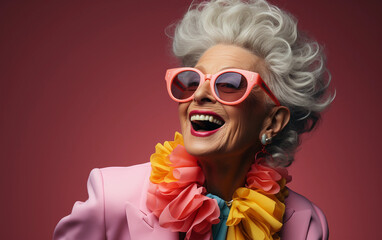 A woman in a pink suit and yellow and pink flowery scarf is smiling and wearing sunglasses. She looks happy and confident