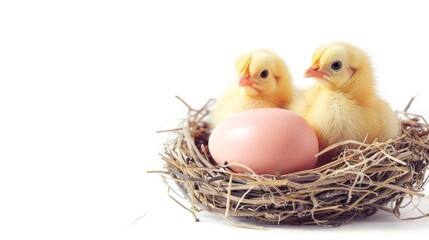 Yellow baby chicken and hen egg in nest isolated on white Agriculture and chicken breeding Text space Banner design