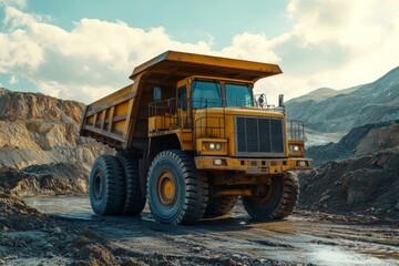 Obraz premium Sunny Day at the Open-Pit Mine: A Dump Truck in Action on a Bright and Clear Day.