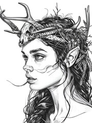a beautiful druidess with a deer skull headpiece pencil drawing
