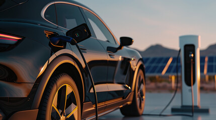  Electric vehicle charging at a station with solar panels in the background