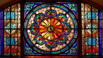  Stained Glass Window- A colorful and intricate stained glass window with abstract designs, _1(635)