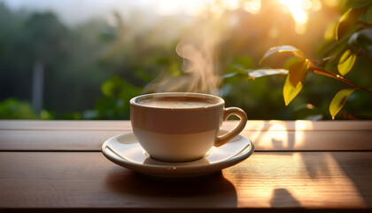 Fototapeta premium Steaming Cup of Coffee on a Cozy Morning- A generative AI image of a steaming cup of coffee_1(642)