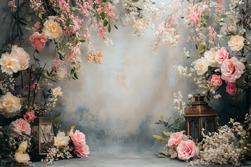 Maternity backdrop, wedding backdrop, photography background with delicate flowers and vintage wall.