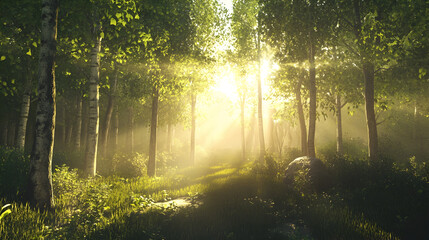 Sunlit Forest Clearing with Tall Trees - A visual of a forest clearing where sunlight pours in, illuminating the tall trees and creating a serene, warm atmosphere