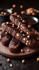 Sliced chocolate biscotti topped with hazelnuts and chocolate drizzle, presented on a wooden platter.