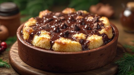 A delicious bread pudding topped with chocolate chips and drizzled with chocolate sauce, served in a rustic wooden dish.