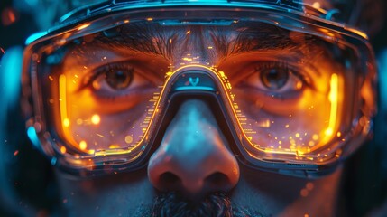 Close-up of man wearing futuristic goggles with orange and blue holographic interface displaying digital data and tech elements in cyber world